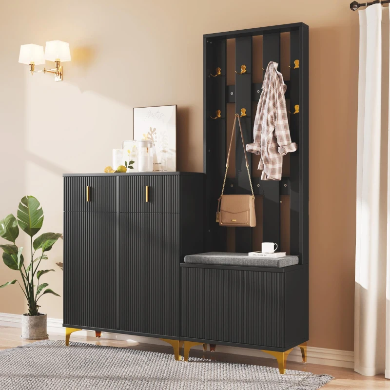 Functional Wardrobe Set with Multiple Compartments, Ideal Storage Unit for Hallways and Mudrooms, 21.5" L x 13.5" W x 68.5" H, Black