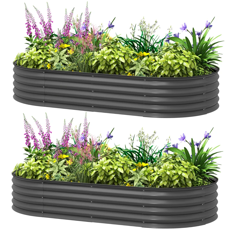 Outsunny 6' x 3' x 1' Large Outdoor Planter Box, Galvanized Raised Garden Bed with Metal Plant Stake, Dark Grey