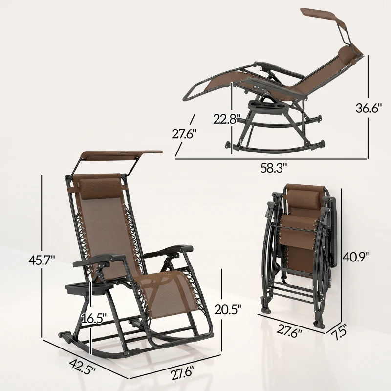 Outsunny 2 Outdoor Rocking Chairs Foldable Reclining Zero Gravity Lounge Rockers w/ Pillow Cup & Phone Holder, Brown