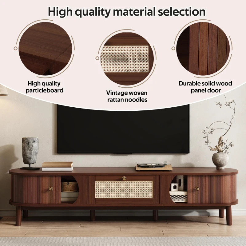 Rattan TV Cabinet with MDF Body and Solid Wood Legs, Bamboo Slat TV Stand with Sliding Door, 67'' L x 15.5'' W x 15'' H, Wood