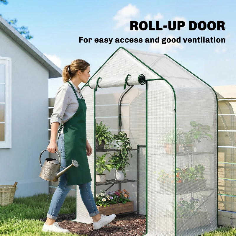Outsunny Greenhouse for Outdoors, Portable Greenhouse with 6 Shelves, UV-Resistant PE Cover, Roll-Up Door, White