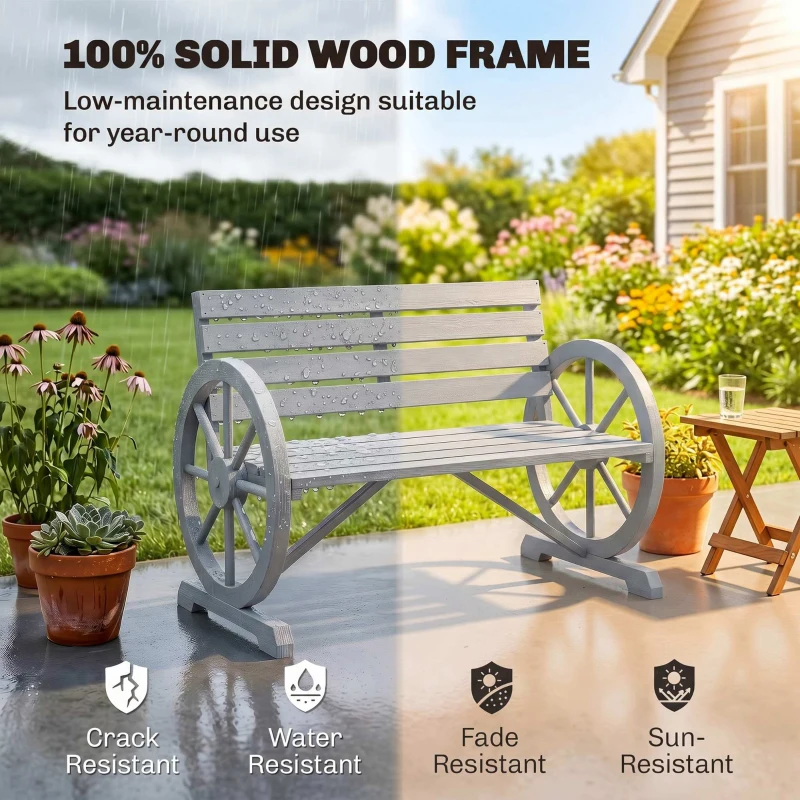 Outsunny 42" Wood Wagon Wheel Bench Garden Loveseat Rustic Seat Relaxing Lounge Chair Outdoor Decorative Seat Park Decor, Grey