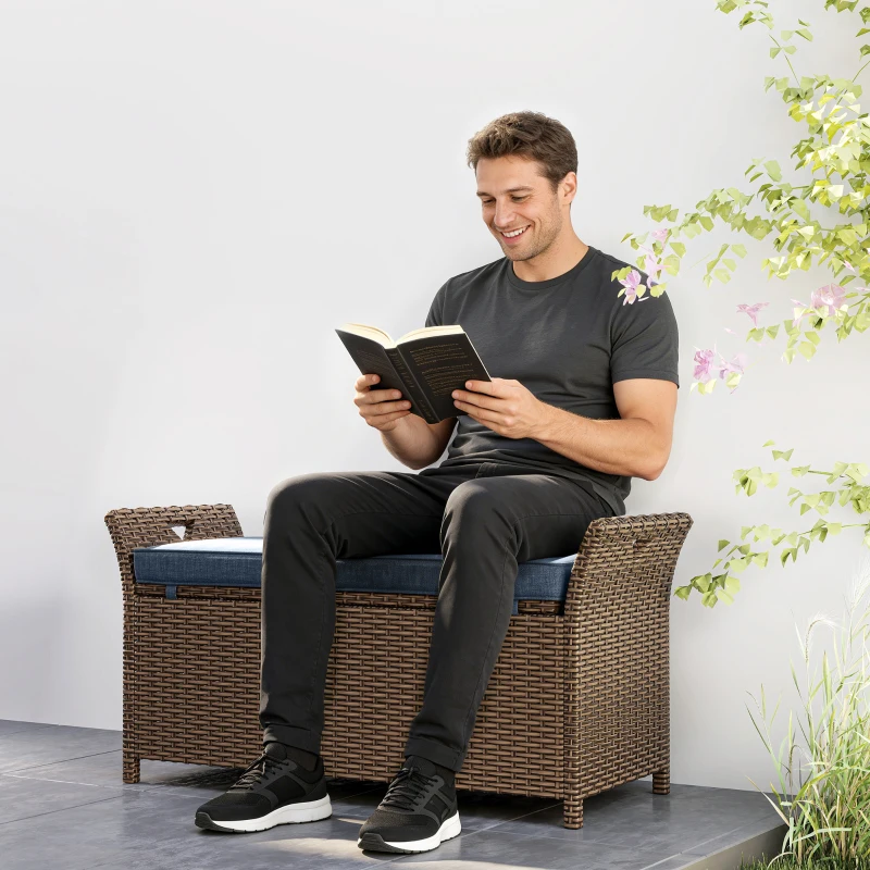 Outsunny 2-In-1 Outdoor Storage Bench, 29 Gallon Wicker Deck Box with Handles and Cushion, Navy Blue