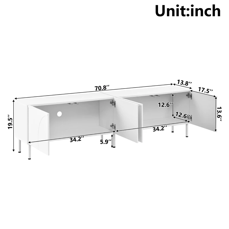Low-Profile TV Cabinet with 4 Doors and 2 Internal Storage Compartments, Modern TV Stand with PB and MDF Construction, 71'' L x 14'' W x 19.5'' H, White