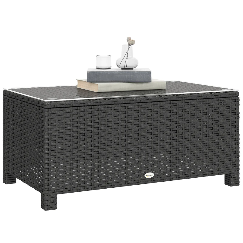 Outsunny PE Wicker Outdoor Coffee Table with Glass Top Garden Patio Table, Dark Grey