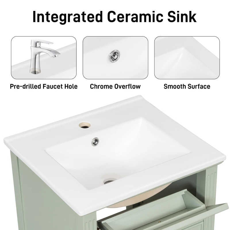 Functional Bathroom Vanity with Ceramic Sink and Tip-Out Top Drawer, Perfect Cabinet for Compact Bathrooms, 20" L x 18.5" W x 33.5" H, Green