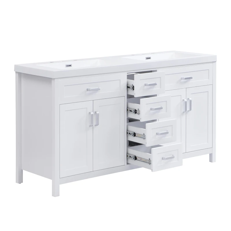 Double Sink Bathroom Vanity with Integrated Resin Sinks, 4-Drawer Storage Vanity for Modern Bathrooms, 59'' L x 19.5'' W x 33.5'' H, White