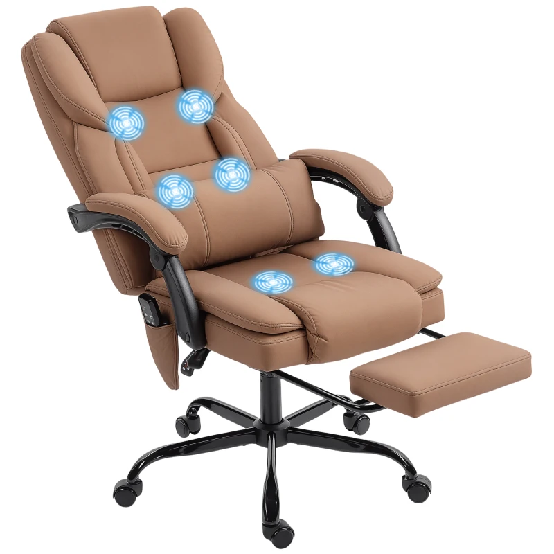 HOMCOM Office Chair with Massage, Pet-Friendly Faux Leather Reclining Desk Chair with Lumbar Support, Footrest, Brown
