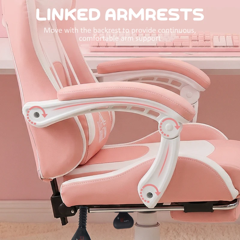 HOMCOM Cute Racing Gamer Chair, Faux Leather Gaming Chair with Footrest, Headrest and Lumbar Support, Pink