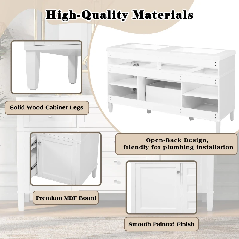Bathroom Vanity Cabinet with Smooth-Glide Drawers, Freestanding Storage Cabinet with Adjustable Shelves, 58.5'' L x 19'' W x 32'' H, White