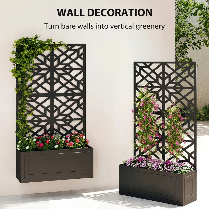 Outsunny Metal Raised Garden Bed with Trellis for Climbing Plants, Freestanding or Wall Mounted Flower Bed with Privacy Panel