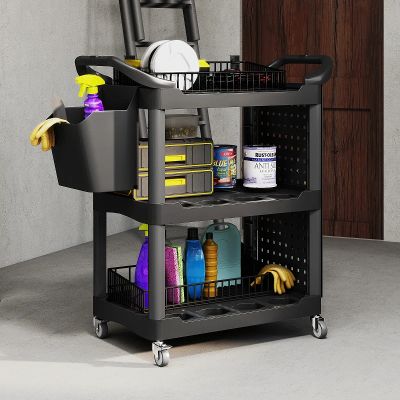 HOMCOM 3-Tier Rolling Tool Cart, 200 LBS Capacity Plastic Utility Cart with Side Shelf and Storage Bucket, Black