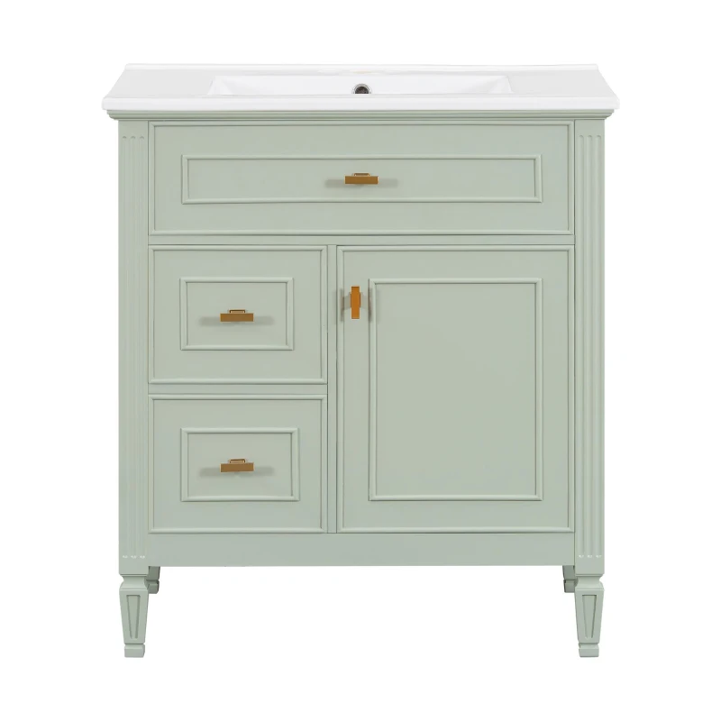 Spacious Vanity with Tip-Out Top Drawer and 2 Left-Side Drawers, Ideal Cabinet for Small-To-Medium Bathrooms, 30" L x 18.5" W x 33.5" H, Green