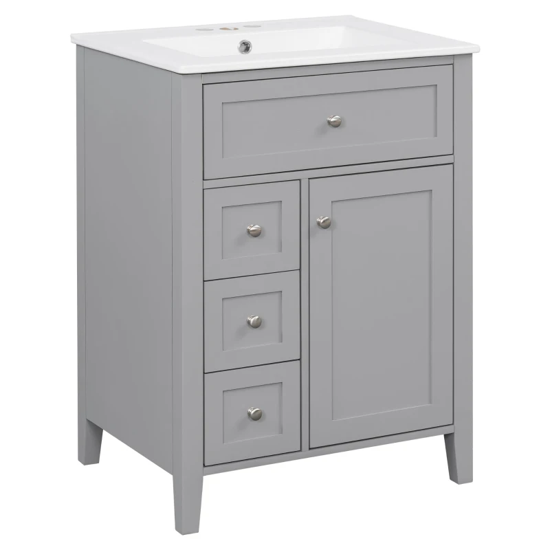 Sleek Bathroom Vanity with Tip-Out Top Drawer and 3 Pull-Out Drawers, Stylish Cabinet with Freestanding Design, 24" L x 18.5" W x 34" H, Gray