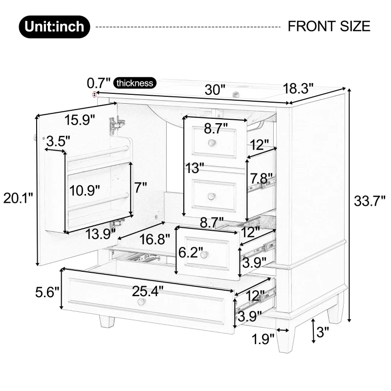 Stylish Bathroom Vanity with Easy-Clean Ceramic Sink and 3 Pre-Drilled Holes, Ideal Cabinet for Modern Bathrooms, 30" L x 18.5" W x 33.5" H, Gray
