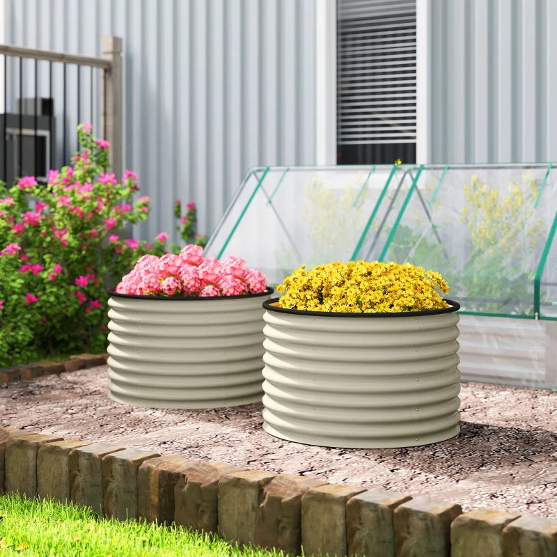 Outsunny Set of 2 Raised Garden Bed, Metal Planter Box with Safety Edging, Easy-to-assemble Stock Tank, Cream White