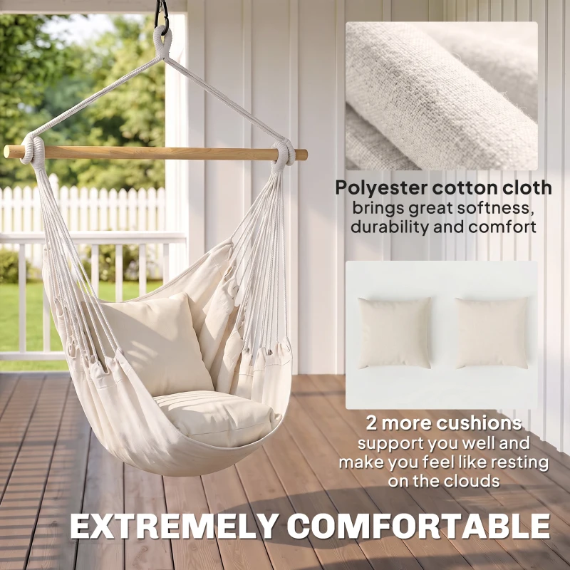 Outsunny Hammock Chair Swing Hanging Macrame Chair Cotton w/ Two Soft Seat Cushions, for Bedroom Indoor Outdoor Ideal Gift for Kids Lover Birthday Present White