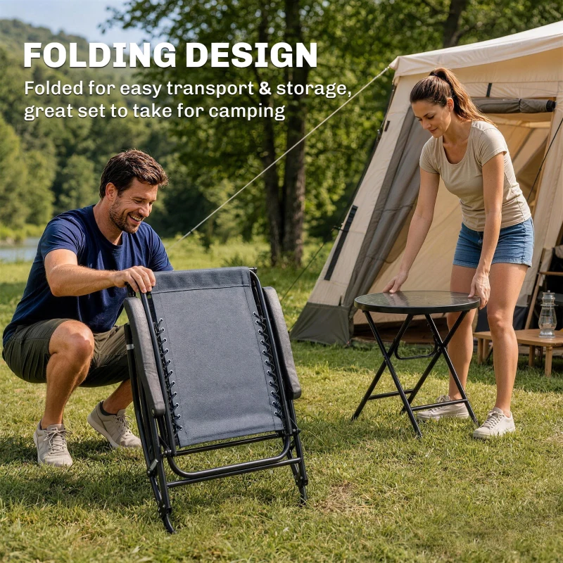 Outsunny 3pc Patio Rocking Chair Set, Folding Outdoor Rocking Chairs and Table Bistro Set w/ Breathable Mesh Seat & Backrest, Headrest for Park, Backyard, Garden, Grey