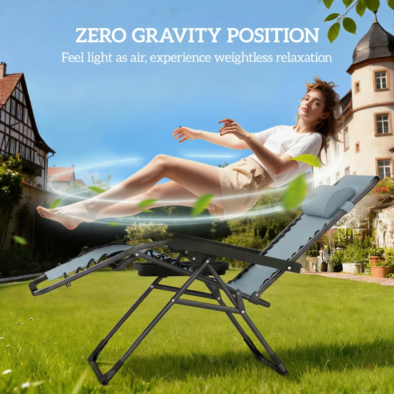 Outsunny Zero Gravity Chair Set of 2, Folding Reclining Outdoor Lounge Chair with Cup Holder, Headrest, Light Grey