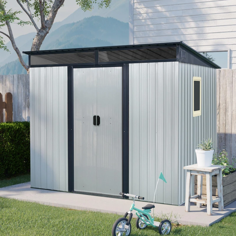 8ft x 6ft Outdoor Metal Storage Shed with Lockable Sliding Doors, Peaked Roof Metal House for Garden Tools, 93.5'' L x 68.5'' W x 77'' H, White+Black