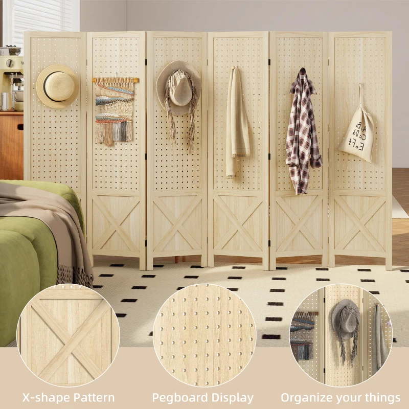 HOMCOM Wooden Room Divider with Pegboard Display, 6 Panel Folding Privacy Screen for Home Office, Natural Wood