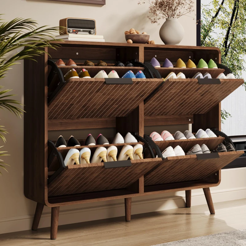 Modern Shoe Cabinet with Solid Tapered Wood Legs, Walnut Shoe Organizer with Double-Tier Storage, 41.5'' L x 9.5'' W x 36'' H, Walnut