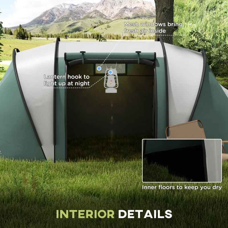 Outsunny Camping Tent with 2 Bedrooms and Living Area, 3000mm Waterproof Family Tent, for Fishing Hiking Festival, Army Green