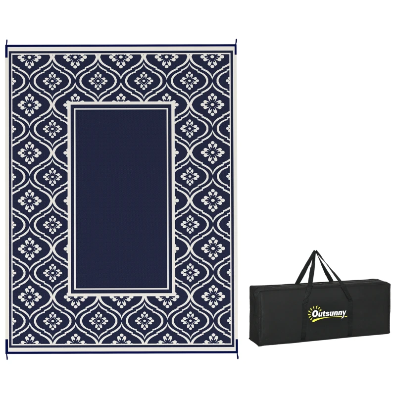 Outsunny 9' x 12' Outdoor RV Rug, Reversible Patio Floor Mat with Carry Bag, Gourd Border, Blue and White