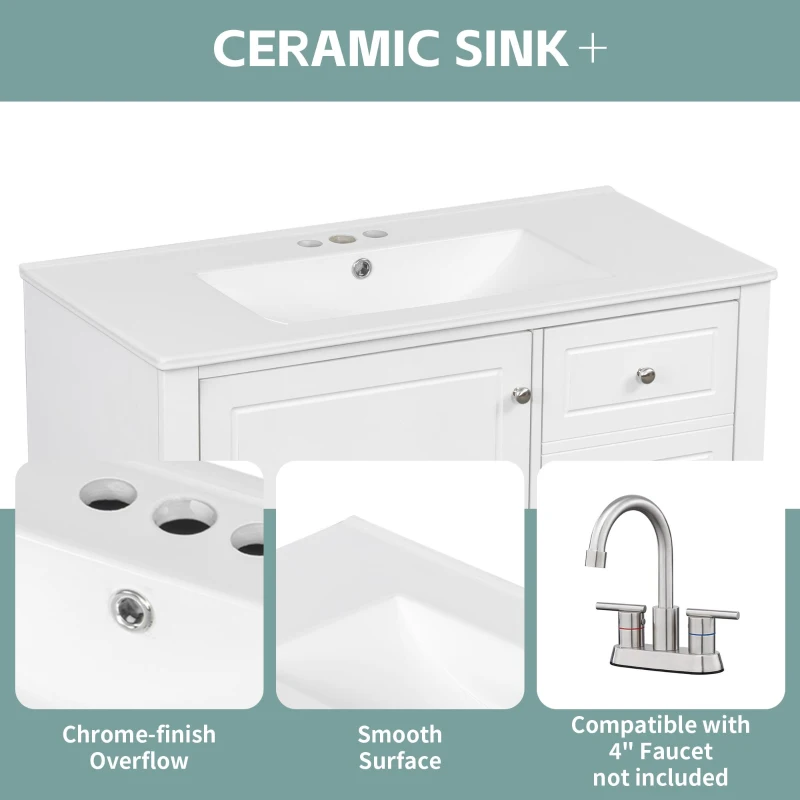 Spacious Bathroom Vanity with 3 Drawers and One-Door Cabinet, Freestanding Cabinet for Small Bathrooms, 36" L x 18.5" W x 33.5" H, White