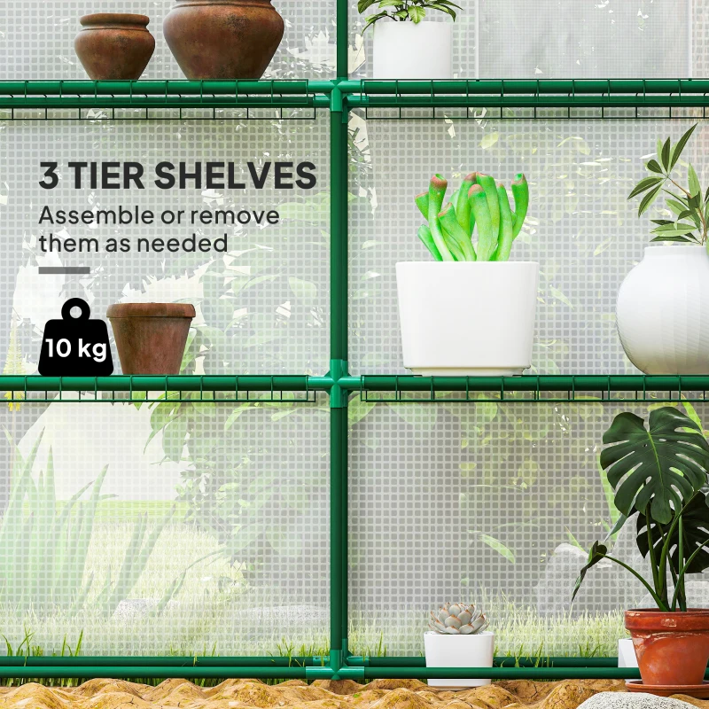 Outsunny Walk-in Greenhouse with 3 Tier, Garden Plant Growhouse with Roll-up Door and Mesh Windows, 140 x 213 x 190 cm, White