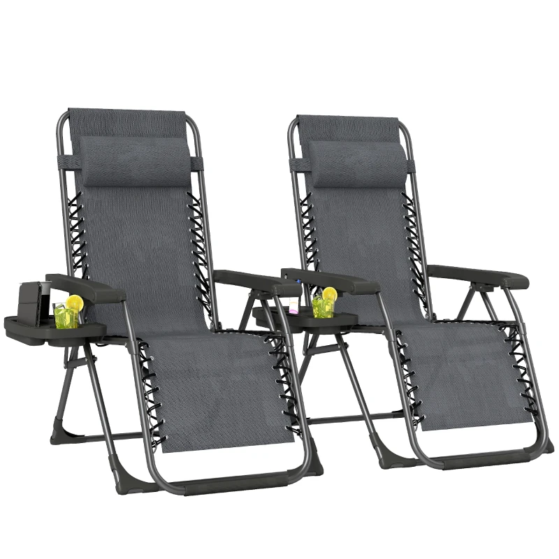 Outsunny Zero Gravity Chair Set of 2, Folding Reclining Outdoor Lounge Chair with Cup Holder, Headrest, Dark Grey