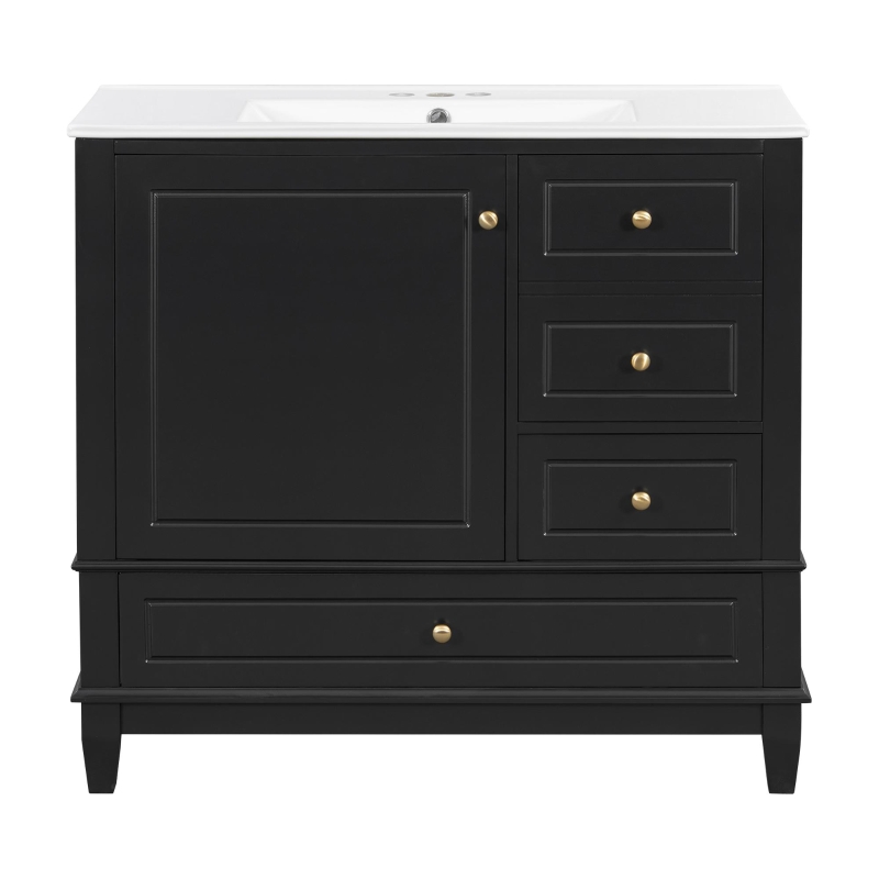Spacious Bathroom Vanity with 3 Drawers and One-Door Cabinet, Freestanding Cabinet for Small Bathrooms, 36" L x 18.5" W x 33.5" H, Black