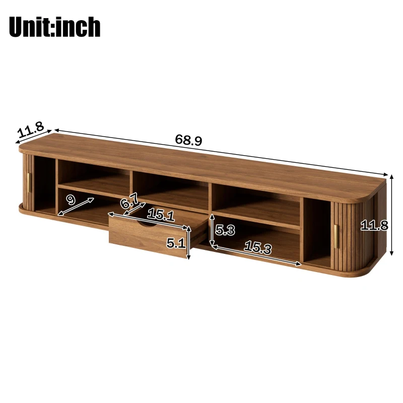 Wall-Mount Floating TV Cabinet with Built-In Cable Management, Sleek Modern Wooden Media Console with Open Shelves, 69'' L x 12'' W x 12'' H, Walnut