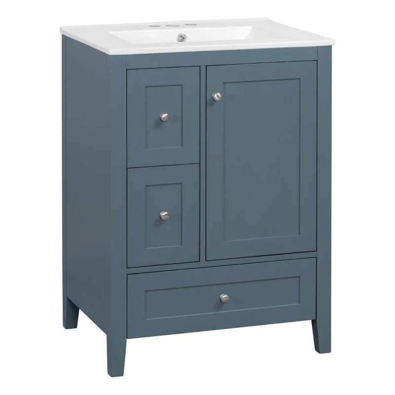 Ample Bathroom Vanity with 2 Upper Drawers and Removable Bottom Drawer, Ideal Cabinet for Small Bathrooms, 24" L x 18.5" W x 34" H, Blue Gray