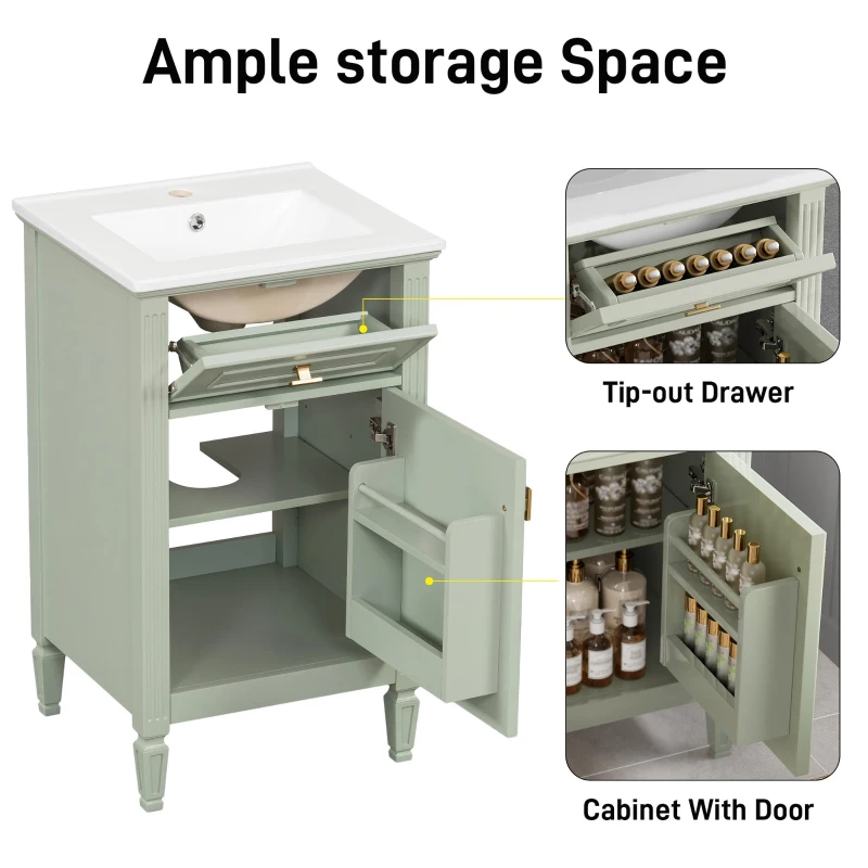 Functional Bathroom Vanity with Ceramic Sink and Tip-Out Top Drawer, Perfect Cabinet for Compact Bathrooms, 20" L x 18.5" W x 33.5" H, Green