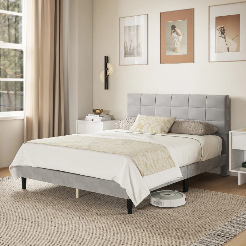 HOMCOM Queen Size Bed Frame with Upholstered Headboard, Modern Platform Bed Frame with Wood Slats, 1100 lbs Capacity, Grey