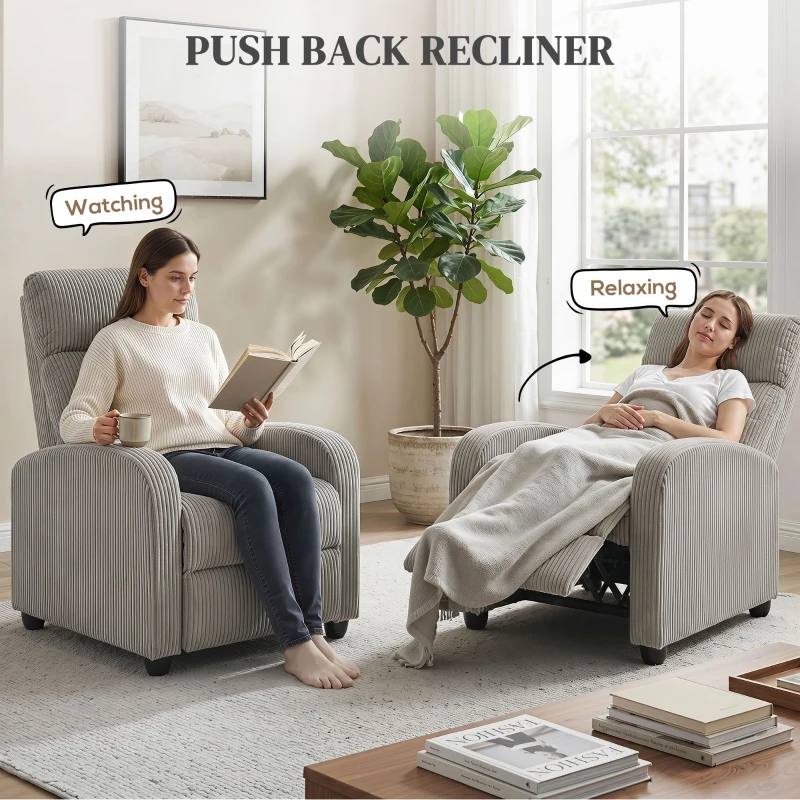 HOMCOM Corduroy Home Theater Seating, Push Back Recliner Chair with Padded Seat for Living Room, Grey