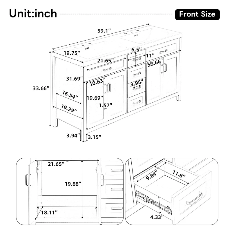 Double Sink Bathroom Vanity with Integrated Resin Sinks, 4-Drawer Storage Vanity for Modern Bathrooms, 59'' L x 19.5'' W x 33.5'' H, White