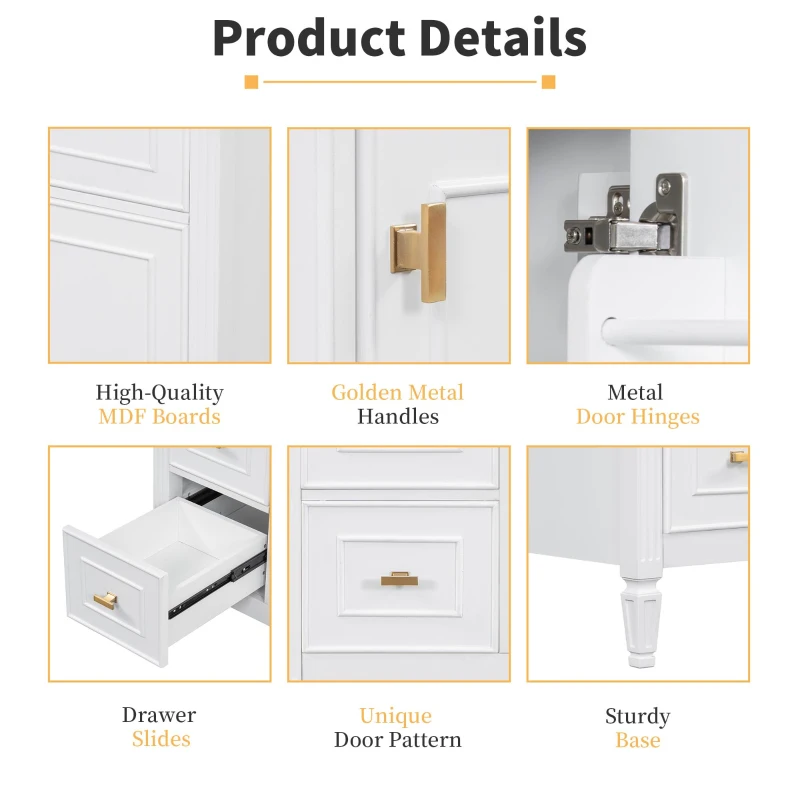Spacious Vanity with Tip-Out Top Drawer and 2 Left-Side Drawers, Ideal Cabinet for Small-To-Medium Bathrooms, 30" L x 18.5" W x 33.5" H, White