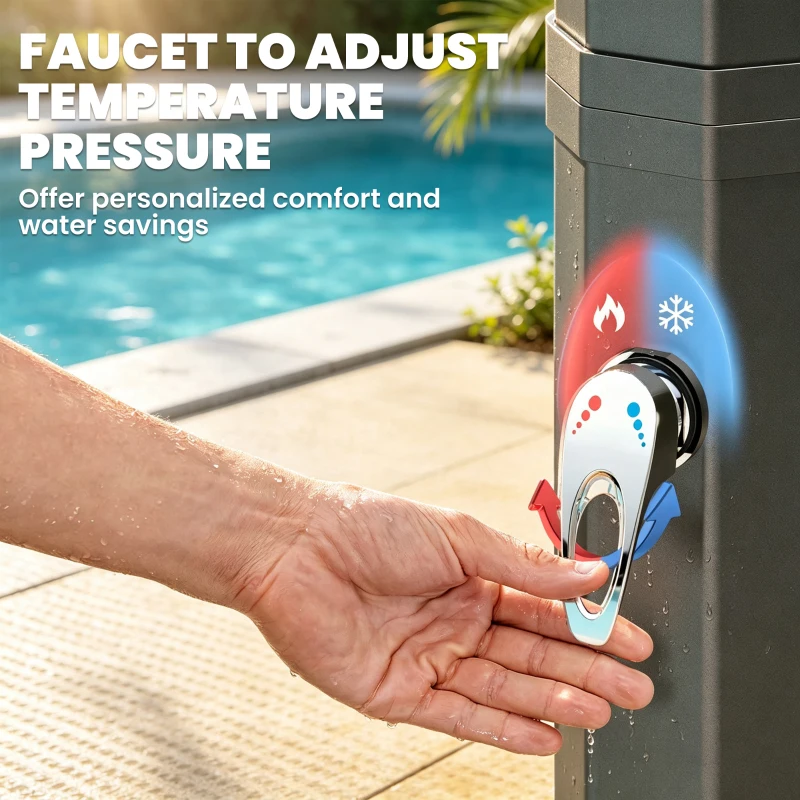 Outsunny 9.2 Gallon Solar Heated Outdoor Shower, 7.1ft with 2 Free-Rotating Shower Heads & Foot Showers for Poolside Beach Spa