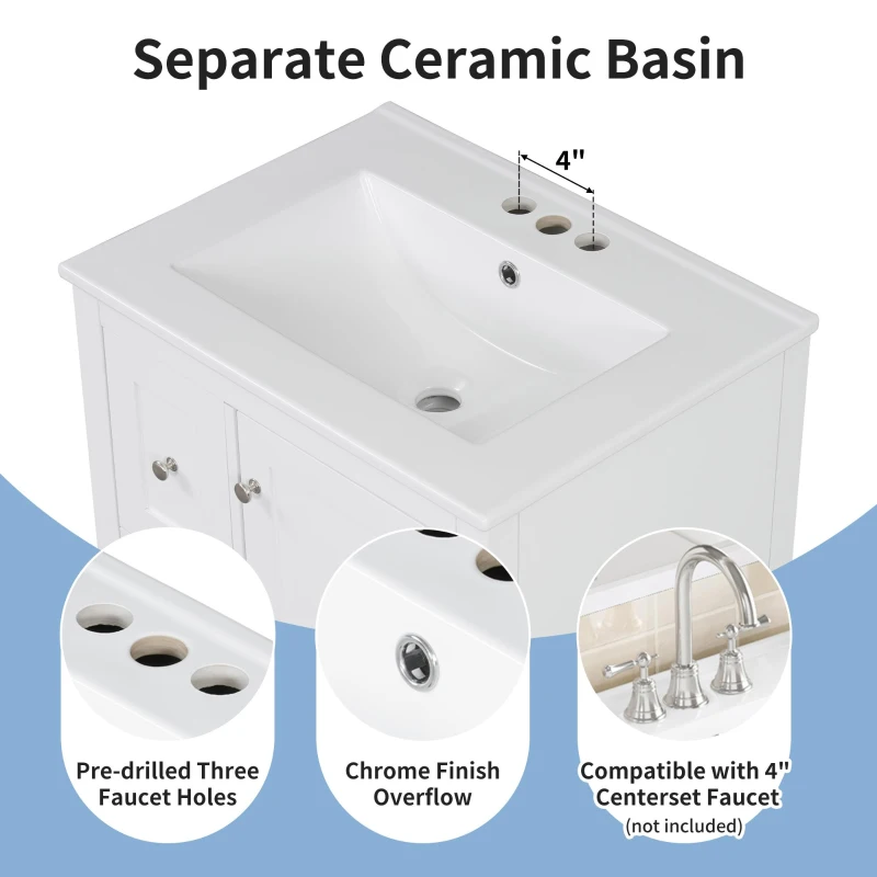 Ample Bathroom Vanity with 2 Upper Drawers and Removable Bottom Drawer, Ideal Cabinet for Small Bathrooms, 24" L x 18.5" W x 34" H, White