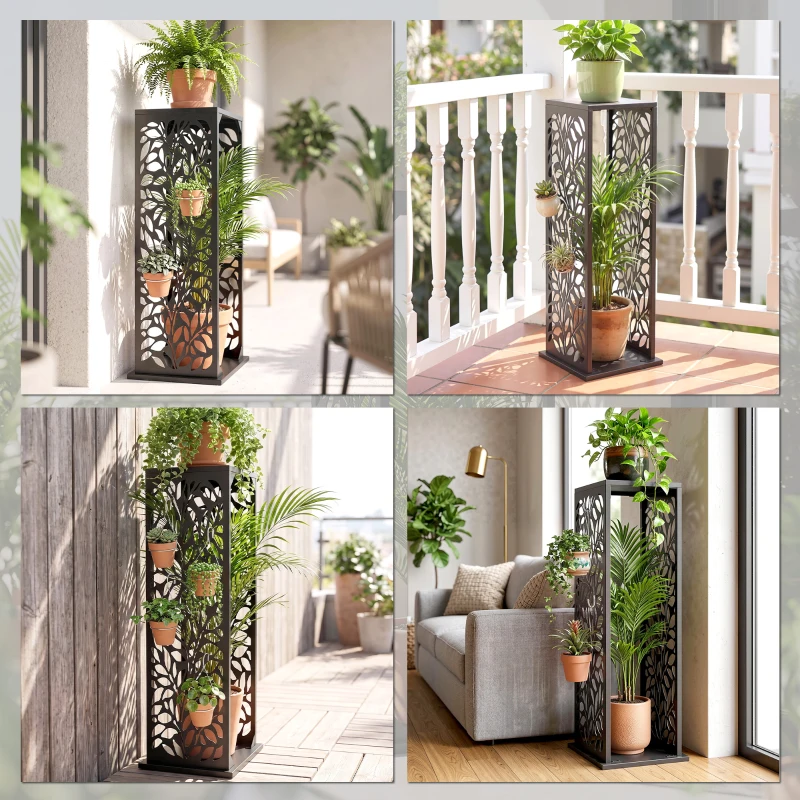 Outsunny 15 Inch Firewood Rack Outdoor Indoor, Cutout Galvanized Steel Firewood Holder with Hooks, Adjustable Pads, Black