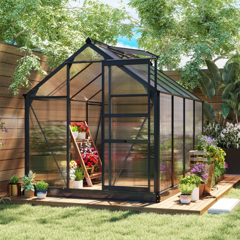 Outsunny Polycarbonate Greenhouse, Heavy Duty Outdoor Aluminum Walk-in Green House Kit Vent Door, 6.2'x8.3'x6.6' Gray