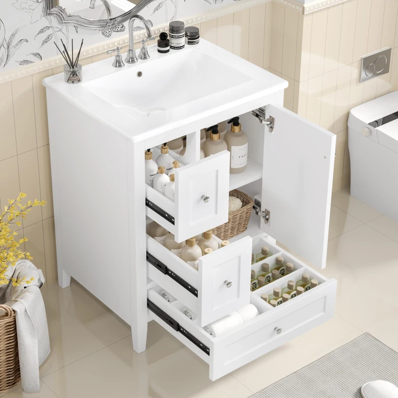 Ample Bathroom Vanity with 2 Upper Drawers and Removable Bottom Drawer, Ideal Cabinet for Small Bathrooms, 24" L x 18.5" W x 34" H, White