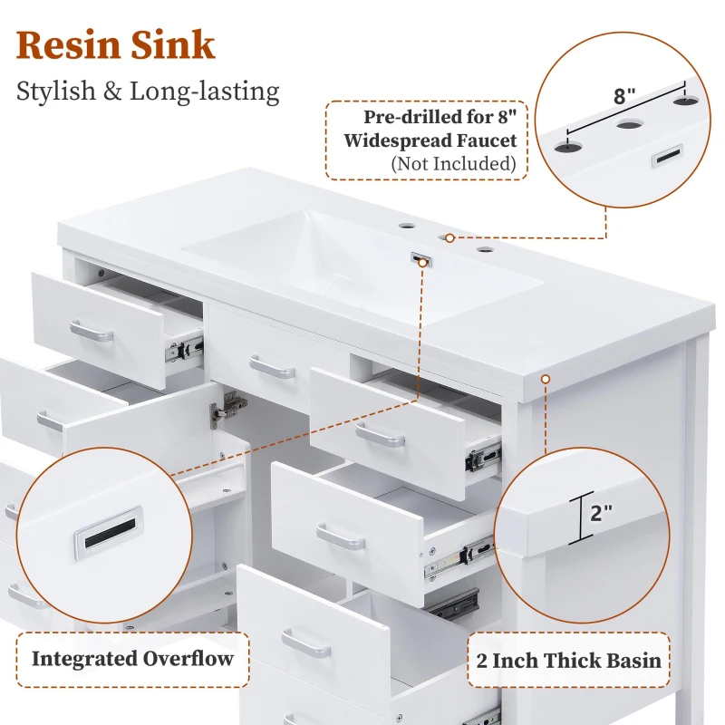 48" Bathroom Vanity with 2" Integrated Resin Sink, Multi- Drawer Vanity Cabinet with Removable Dividers and Door Racks, 47'' L x 19.5'' W x 33.5'' H, White