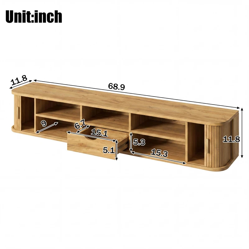 Wall-Mount Floating TV Cabinet with Built-In Cable Management, Sleek Modern Wooden Media Console with Open Shelves, 69'' L x 12'' W x 12'' H, Natural