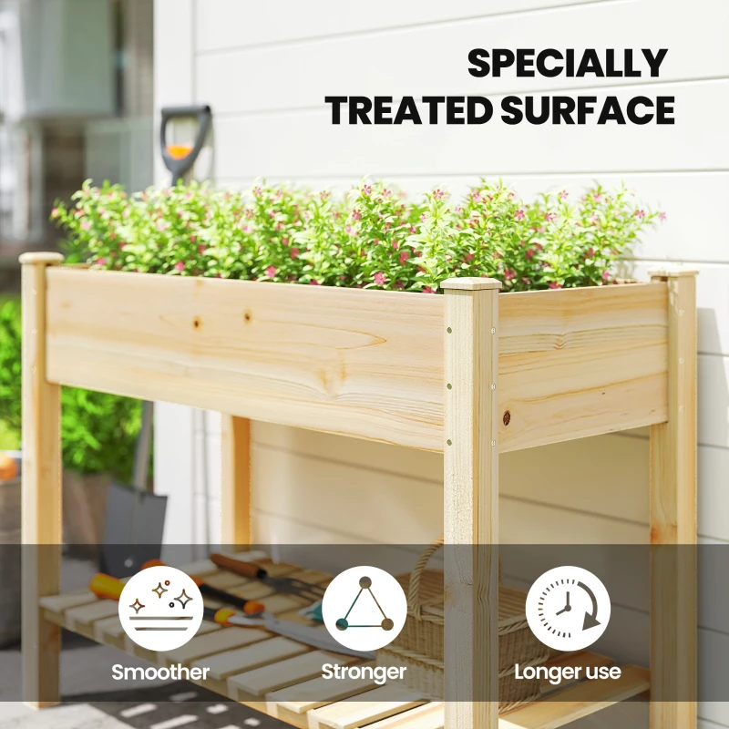 Outsunny Elevated Planter Box with Legs and Storage Shelf, Raised Garden Bed, Elevated Wooden Planter Box, Natural