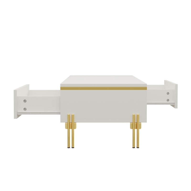Modern High-Gloss Coffee Table with Hidden Dual Drawers, Stain-Resistant Center Table with Metal Legs, 39.5'' L x 19.5'' W x 14'' H, White