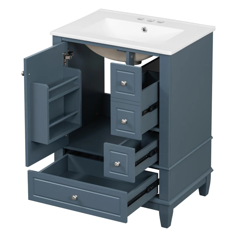 Spacious Bathroom Vanity with 3 Drawers and One-Door Cabinet, Freestanding Cabinet for Small Bathrooms, 24" L x 18.5" W x 34" H, Blue Gray