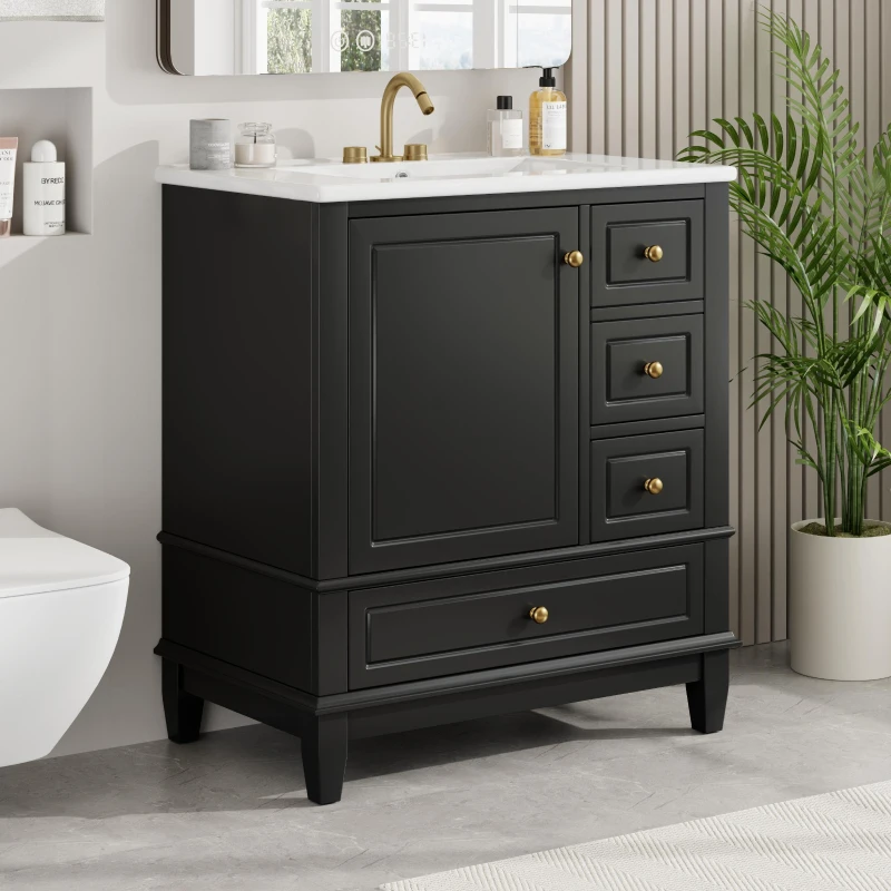 Stylish Bathroom Vanity with Easy-Clean Ceramic Sink and 3 Pre-Drilled Holes, Ideal Cabinet for Modern Bathrooms, 30" L x 18.5" W x 33.5" H, Black